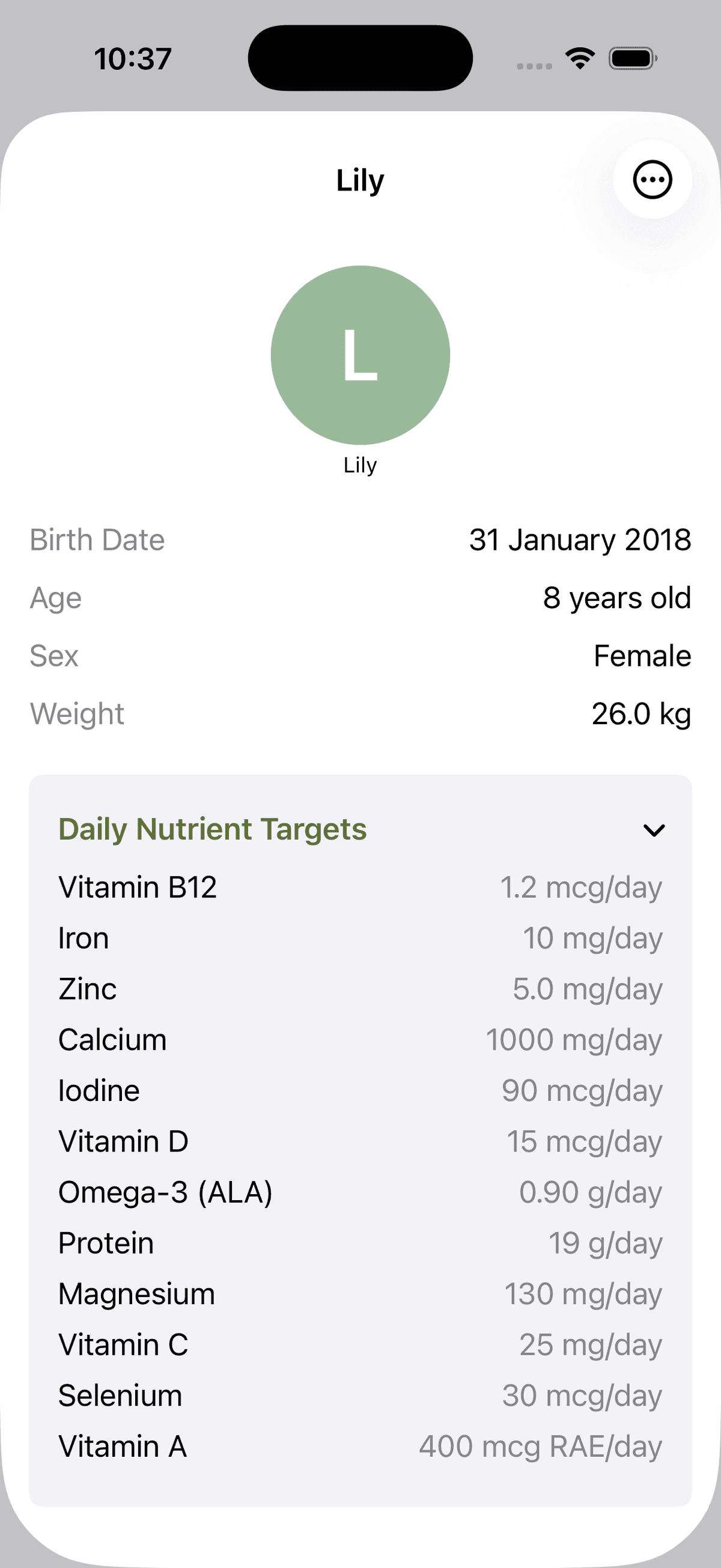 OhMyNutri family member profile showing Lily with personalized daily nutrient targets for Vitamin B12, Iron, Zinc, Calcium, and more