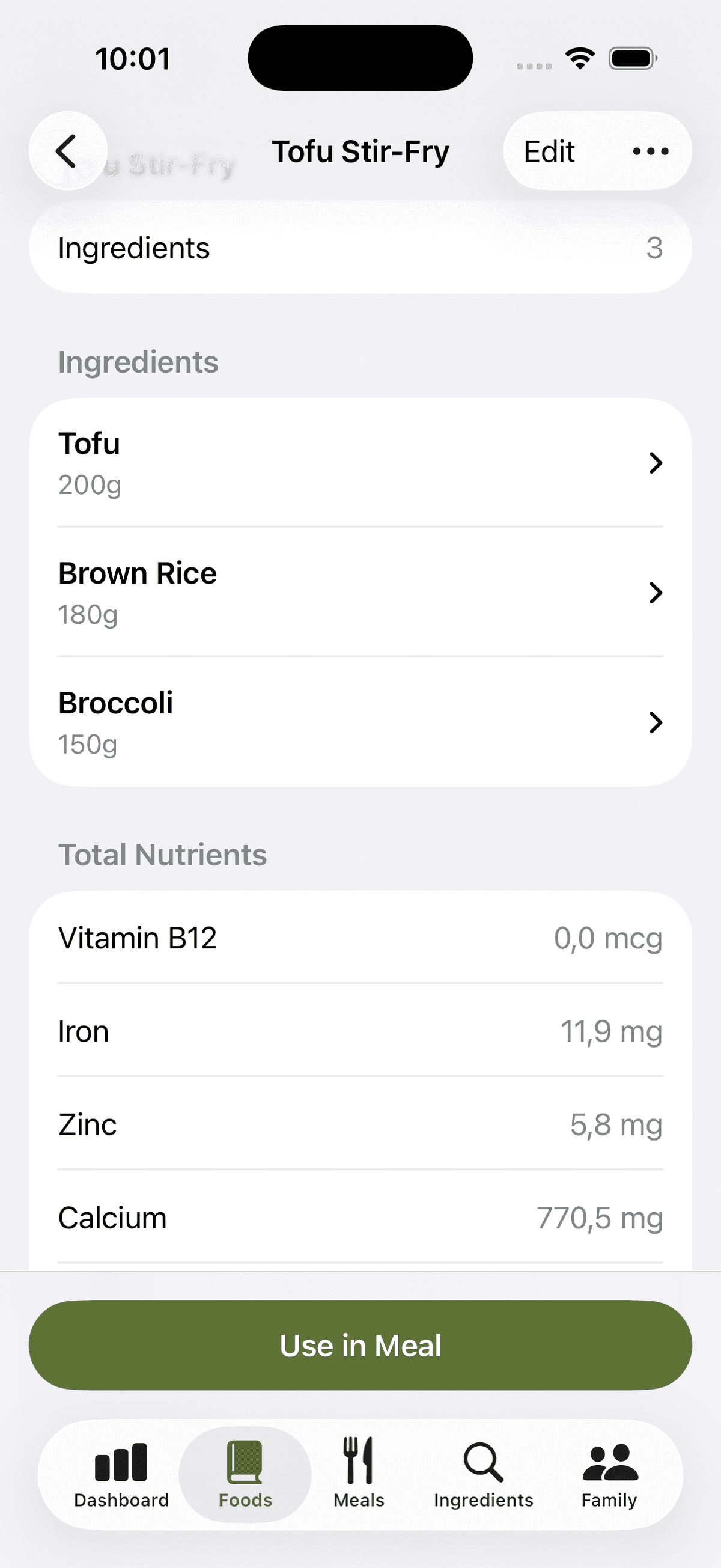 OhMyNutri food detail showing Tofu Stir-Fry recipe with ingredients list and complete nutrient breakdown including Iron, Zinc, Calcium, and Protein