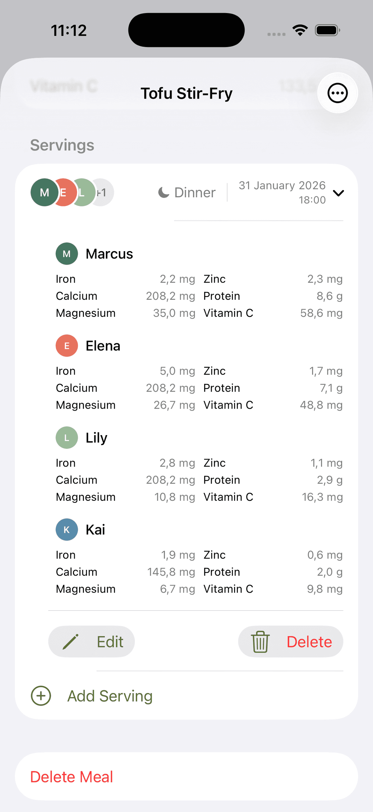 OhMyNutri smart serving showing how nutrients from Tofu Stir-Fry are distributed to each family member based on their individual needs
