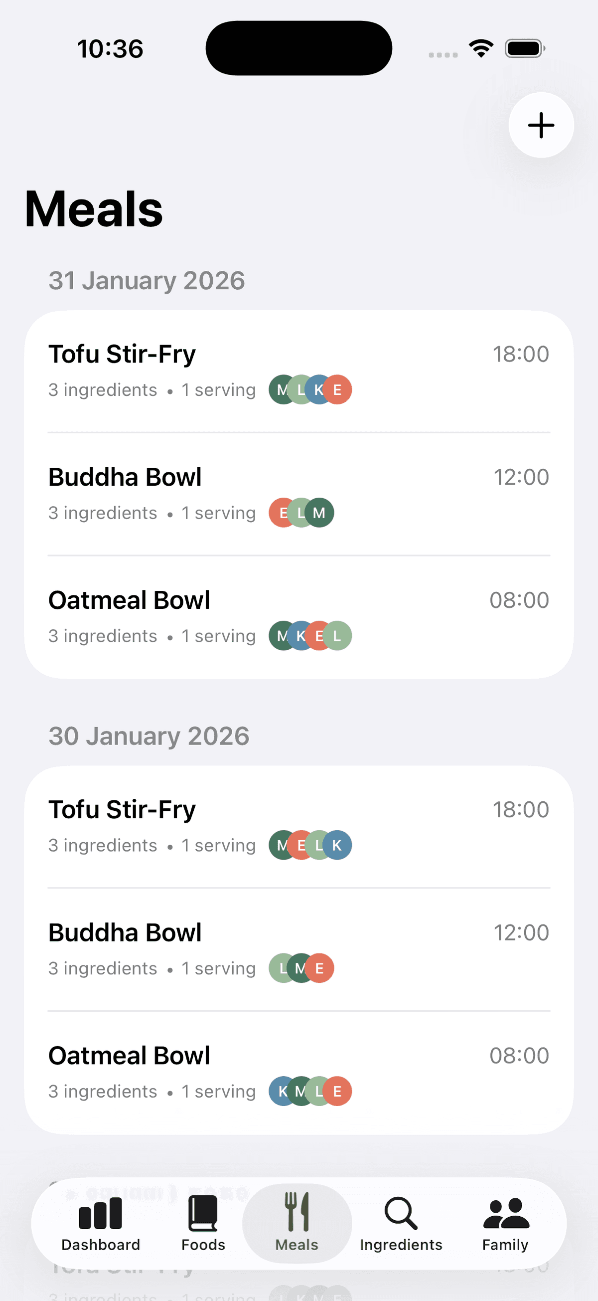 OhMyNutri meal log showing daily meals like Tofu Stir-Fry and Buddha Bowl with colorful family member indicator badges